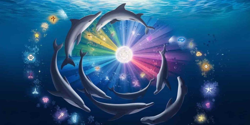 Underwater scene with dolphins swimming in a spiral around a glowing orb emitting colored rays, surrounded by ethereal symbols representing spiritual lessons.
