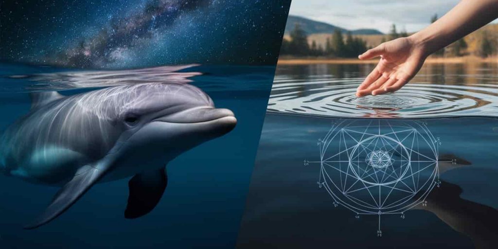 Split-screen image showing a dolphin's eye reflecting stars and a human hand touching water with sacred geometry ripples, symbolizing spiritual connection.
