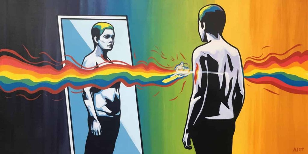 Person facing a mirror with their reflection showing colorful energy waves released from the right arm, set against a background transitioning from dark to light, representing emotional release associated with an itchy right arm.
