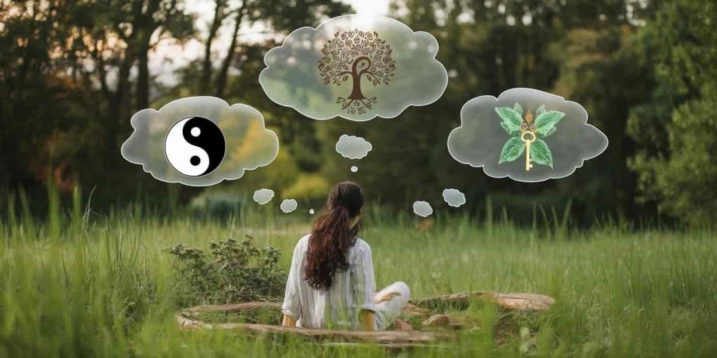 Person meditating near a fairy ring with thought bubbles showing symbols of balance, life, and wisdom floating above.