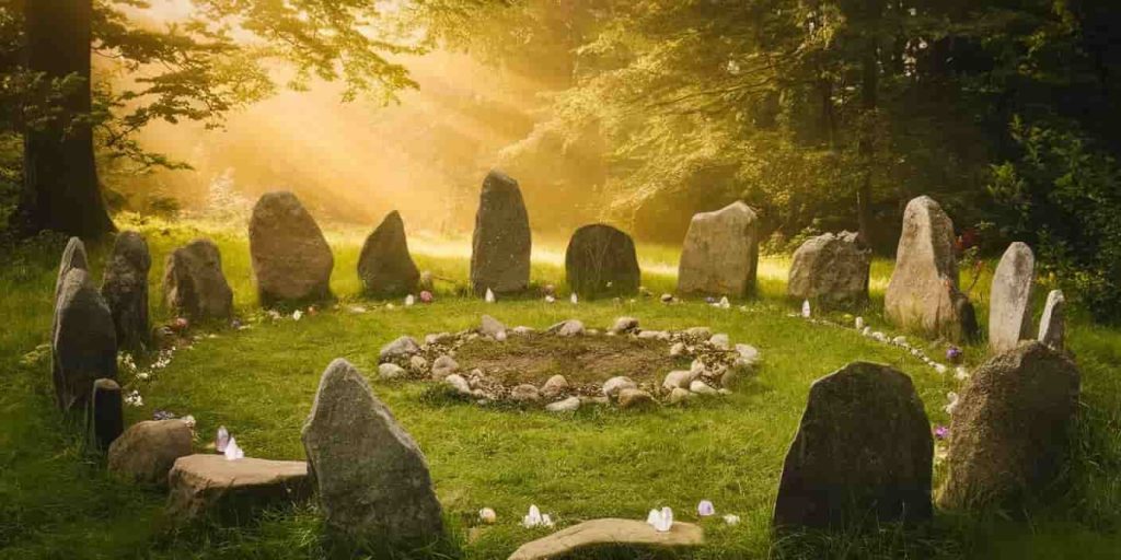 erene forest glade featuring a fairy ring encircled by ancient standing stones, bathed in golden light with small natural offerings placed around it.