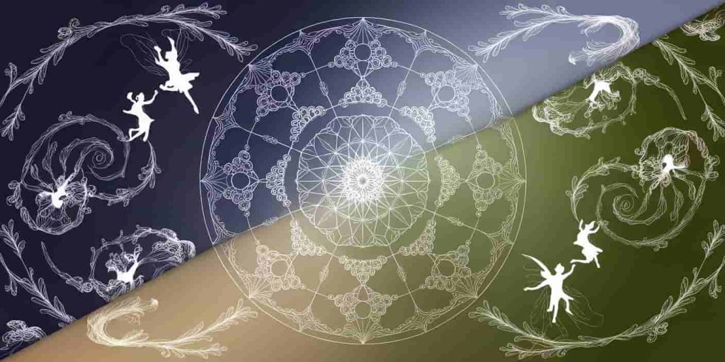 Split-screen image of fairy ring spiritual symbols, featuring a unity mandala and life cycle spiral with dancing fairy silhouettes.
