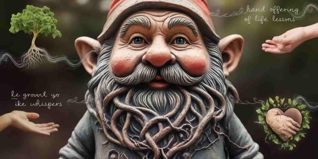 A wise garden gnome's face with a beard intertwined with roots, surrounded by translucent images representing life lessons and spiritual growth in nature.