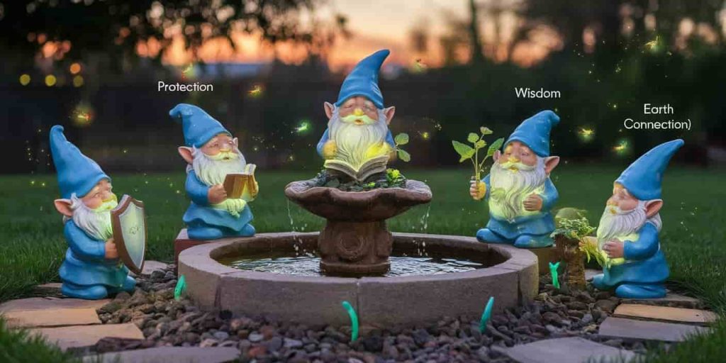 Glowing garden gnomes surround a fountain at twilight, each representing different spiritual meanings such as protection, wisdom, and earth connection, with fireflies adding to the magical ambiance.