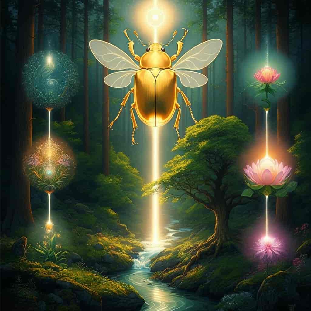 Giant translucent golden beetle hovering over a forest, emitting light beams touching symbolic elements: river (change), tree (resilience), and flower (abundance).