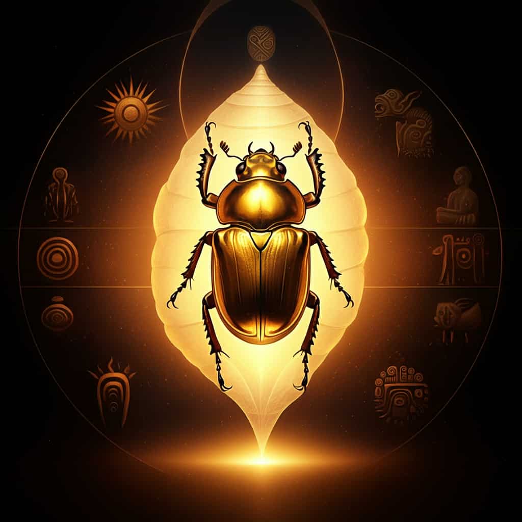 Golden beetle emerging from a cocoon of light, surrounded by cultural symbols of rebirth, solar energy, and protection, with a soft golden glow.