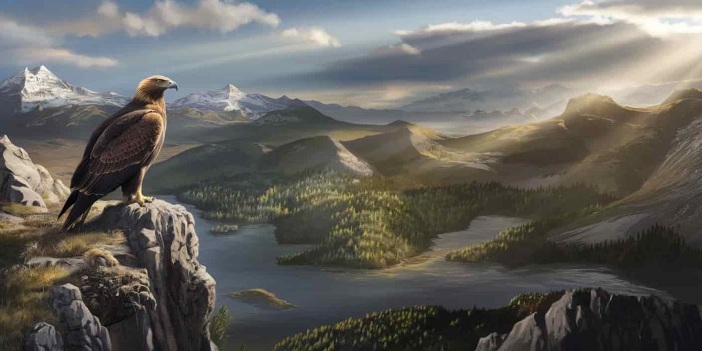 A golden eagle perches on a high cliff, surveying a diverse landscape of mountains, forests, and water. Sunlight breaks through clouds, highlighting different areas, representing the eagle's spiritual lessons and messages about perspective and balance.