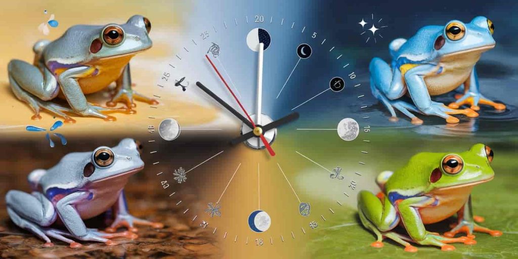 Circular arrangement of gray tree frogs in various poses and colors, resembling a clock face. Each frog near symbols representing different spiritual lessons. Background transitions from day to night.