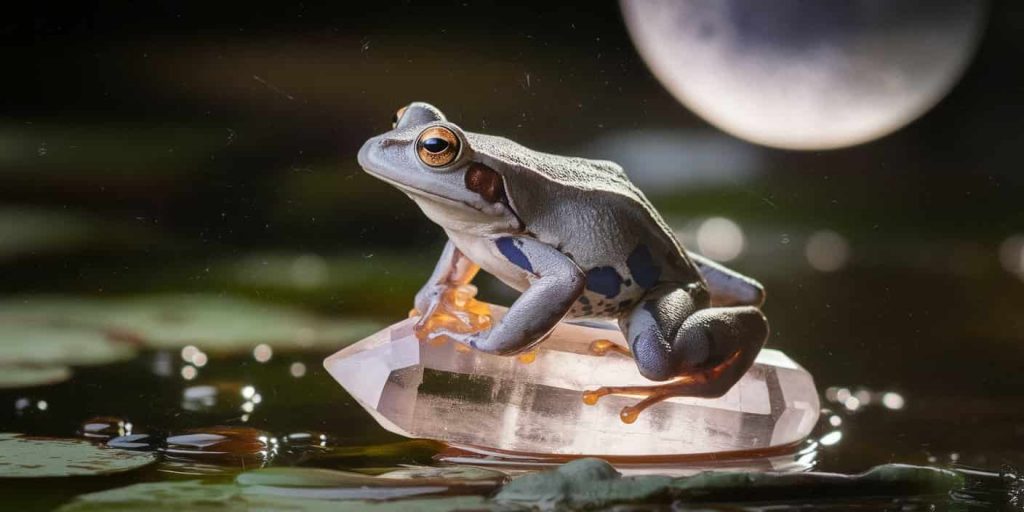 Gray tree frog on a crystal, surrounded by water droplets and earth elements, partially camouflaged. Lunar light creates mystical atmosphere, symbolizing spiritual connections.