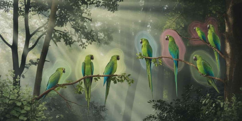 Multiple green parrots in a forest, each surrounded by a different-colored aura, representing various spiritual messages and lessons from green parrot encounters.
