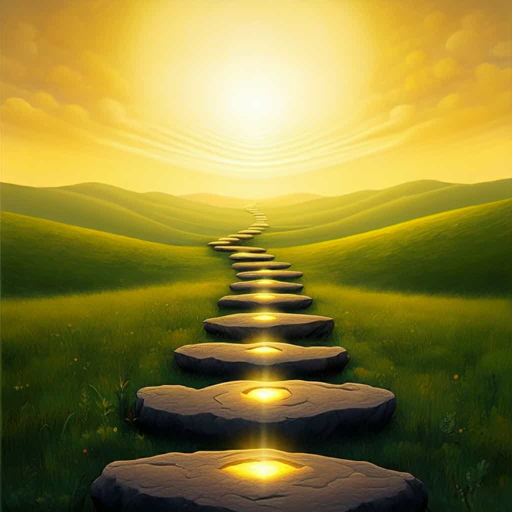 Serene landscape with green hills and yellow sky, featuring glowing stepping stones symbolizing spiritual lessons and divine messages.