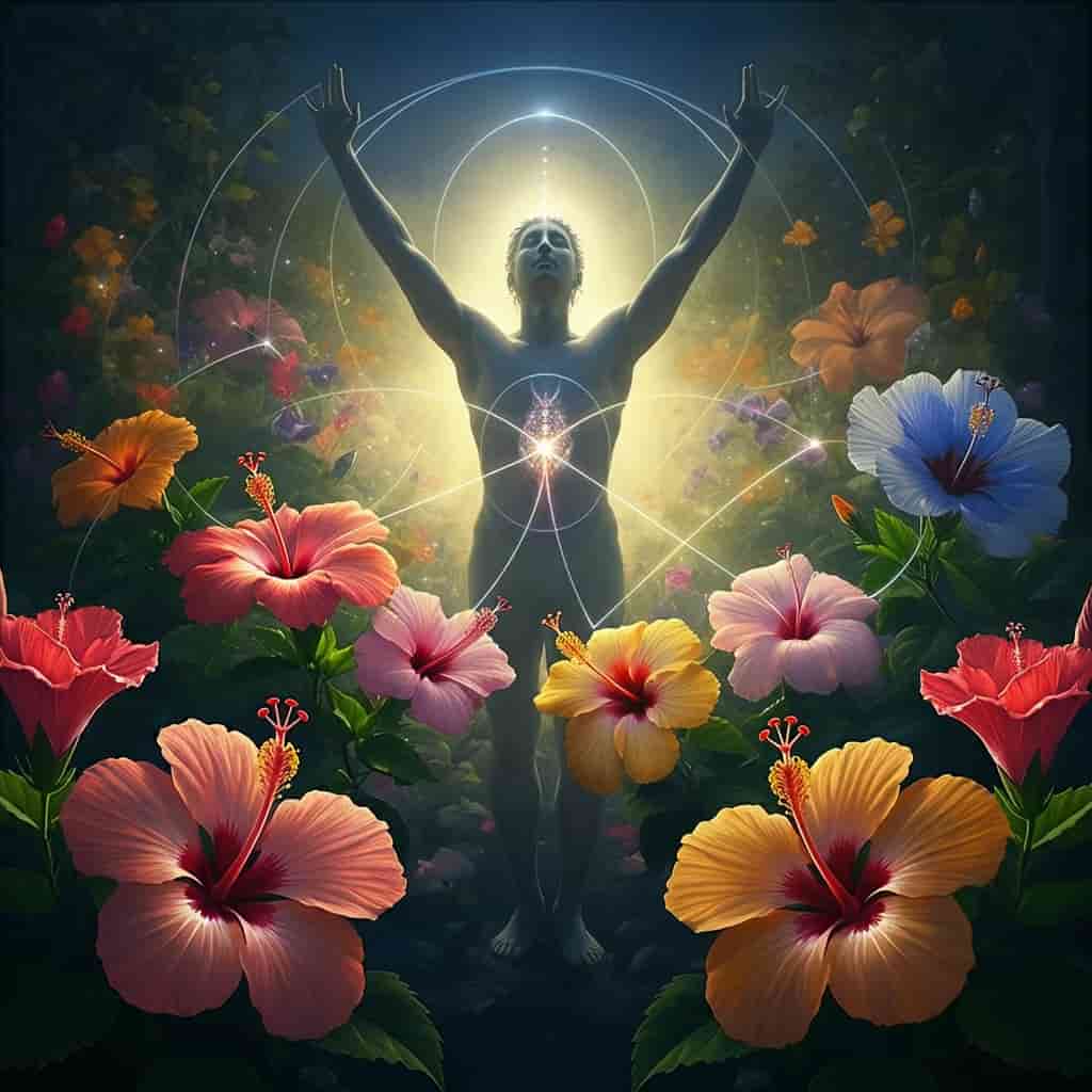 A garden with diverse hibiscus flowers connected by glowing threads, with a contemplative figure in the background, depicting spiritual lessons and personal growth.
