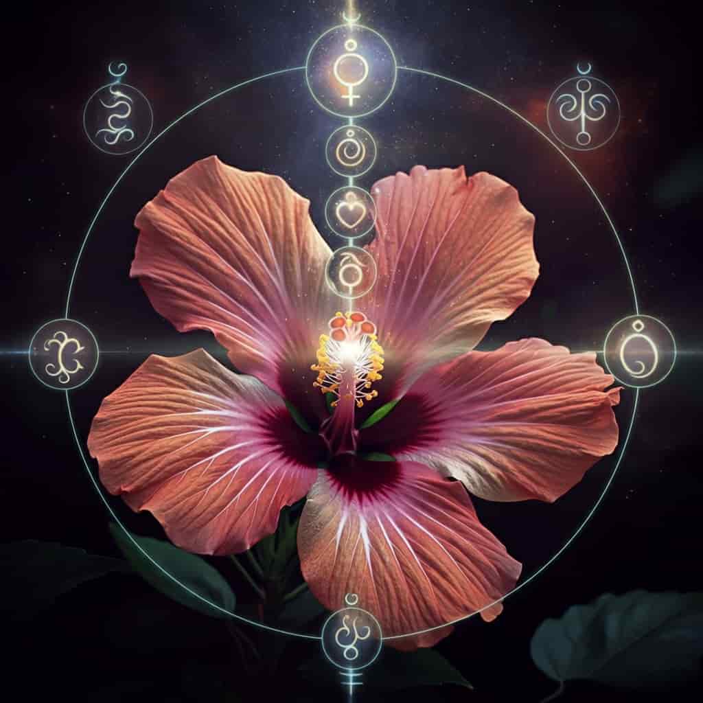 Close-up of a hibiscus flower transforming into ethereal energy, surrounded by symbols of feminine energy, love, and transformation, illustrating its spiritual symbolism.