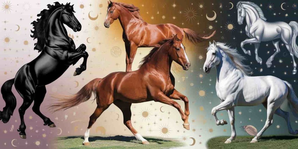 A collage of horses in various colors and poses, representing different spiritual meanings such as power, freedom, and wisdom, surrounded by subtle spiritual symbols.