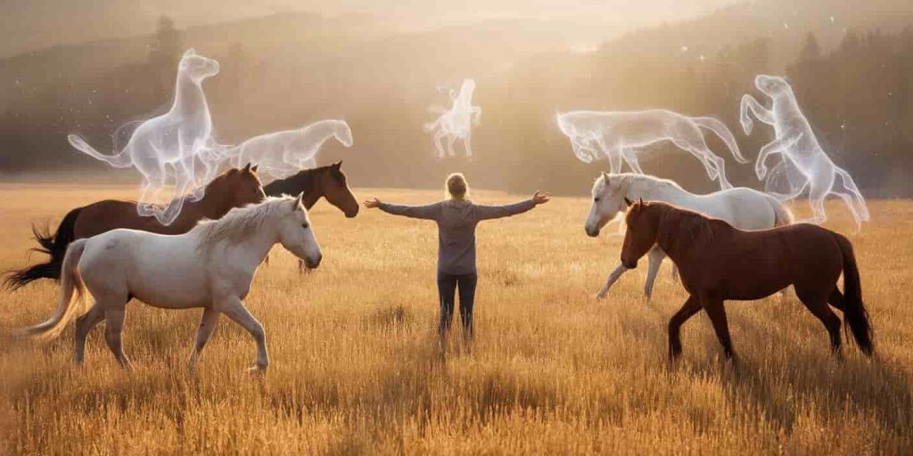 A person in a field connecting with approaching horses of different colors, symbolizing spiritual messages and lessons, with translucent spirit animals hovering above.
