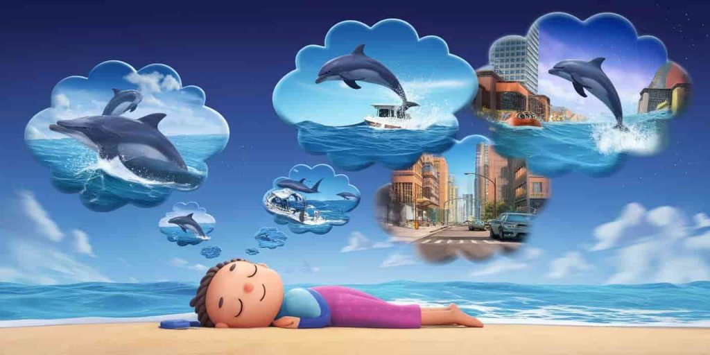 Dreamlike image of a person sleeping on a beach with thought bubbles containing various dolphin encounter scenes, representing dream interpretation and synchronicities.