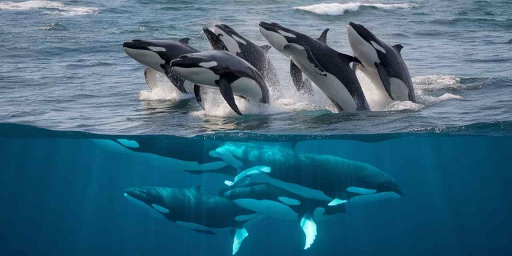 Split-screen image of killer whales swimming together above water and interacting socially underwater, with ethereal light beams representing spiritual energy.