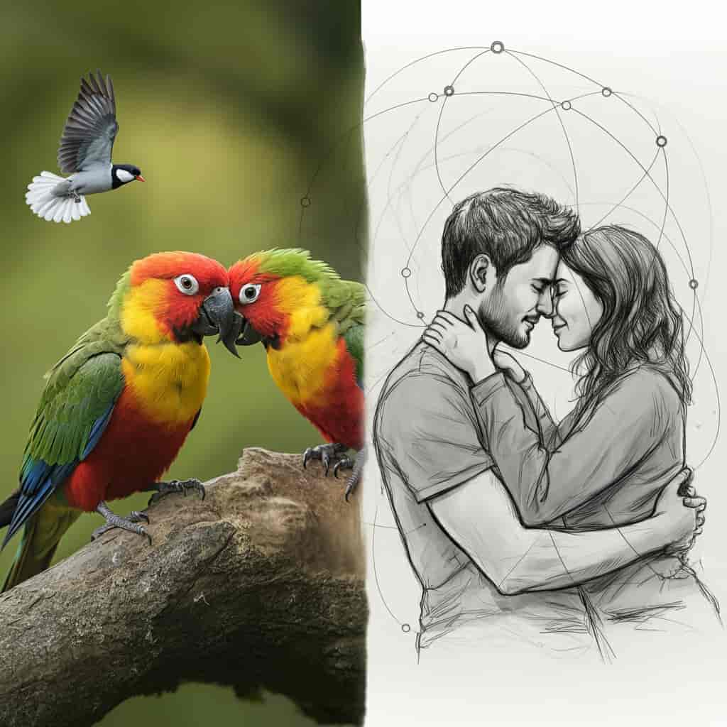 Split-screen image comparing affectionate bird couples in nature with human couples in everyday settings, connected by visual elements to illustrate lessons learned from bird behavior applied to human relationships.