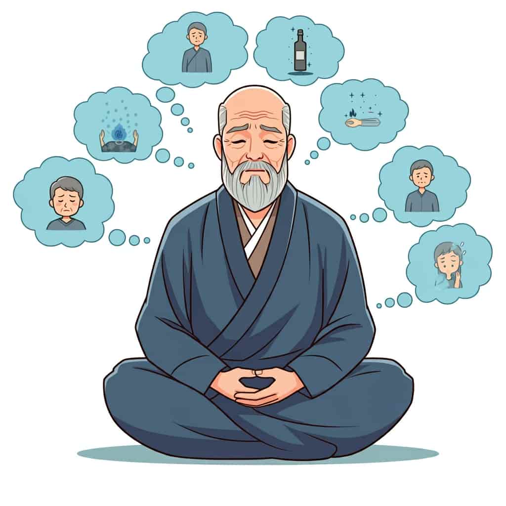 A serene figure surrounded by thought bubbles containing icons representing different spiritual lessons and messages from experiencing a common cold.
