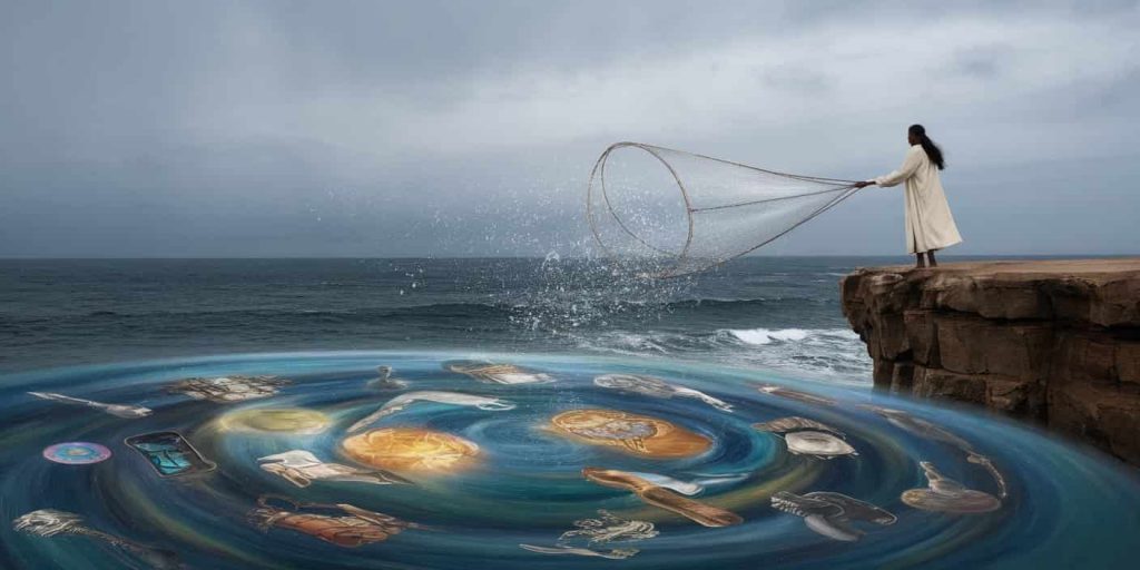 A figure on a cliff casts a shimmering net into a sea of symbols, representing the gathering of spiritual lessons and life opportunities.