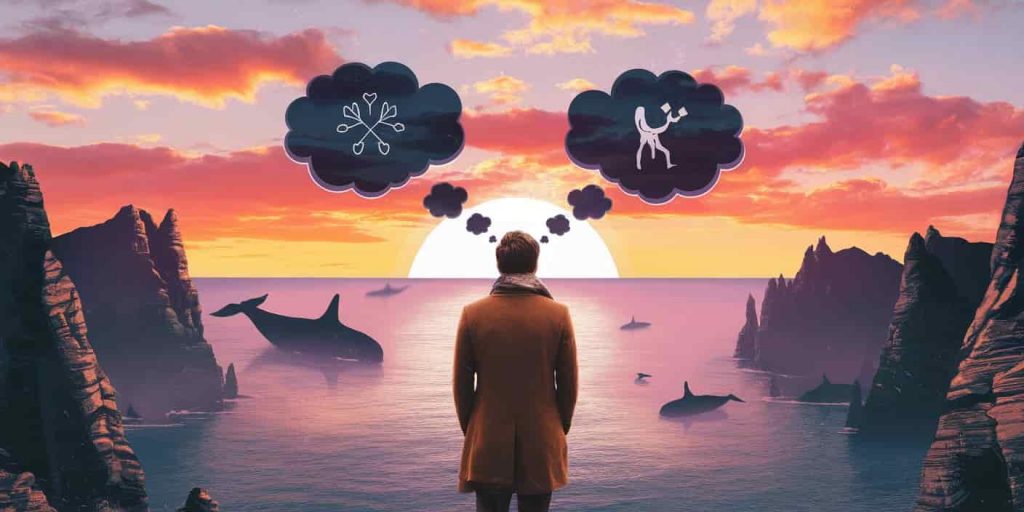 Dreamlike scene of a person on a cliff overlooking the ocean with killer whale silhouettes below and thought bubbles containing symbols of wisdom, community, and strength