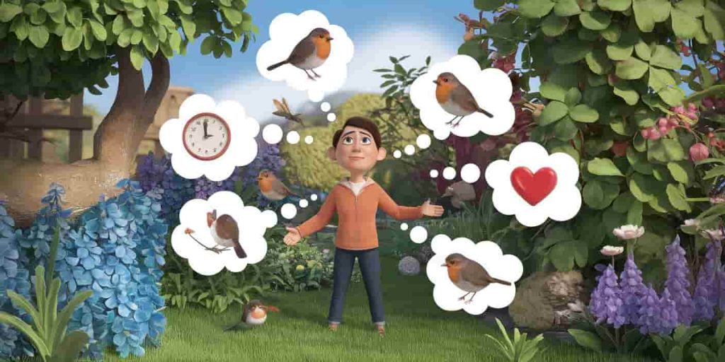 An illustrated scene of a person in a garden surrounded by robins, with thought bubbles containing symbols representing spiritual lessons and messages.
