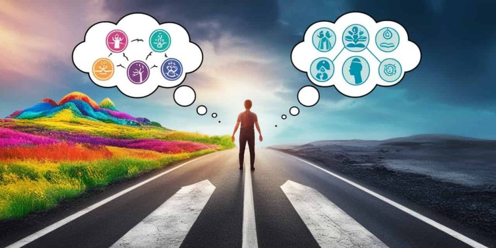 Illustrative scene of a person at a crossroads with paths leading to different landscapes, surrounded by thought bubbles containing icons of mindfulness, compassion, and growth, representing lessons from bird encounters.