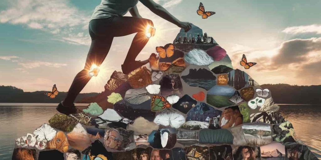 Person climbing a mountain of life experiences with glowing knees, butterflies emerging from knees symbolizing transformation and spiritual growth from knee pain.