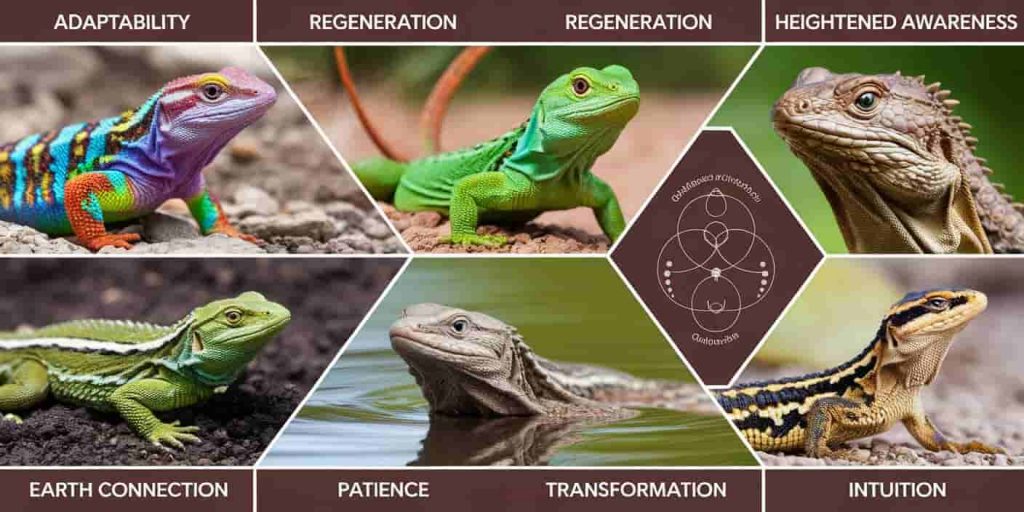 A detailed collage showcasing seven different spiritual meanings associated with lizards, including adaptability, regeneration, awareness, earth connection, patience, transformation, and intuition.