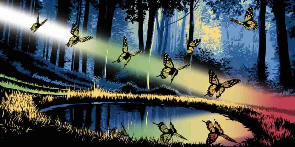 A tranquil forest scene with black and yellow butterflies emitting colored light trails, representing spiritual messages and lessons, reflected in a calm pool of water.