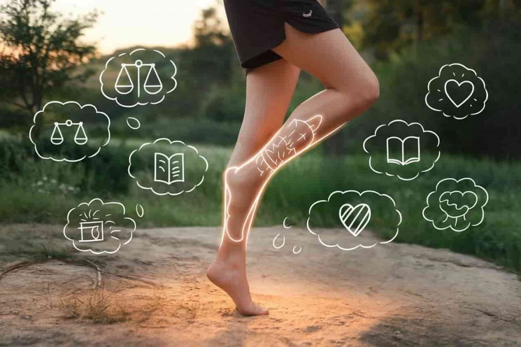 Person standing on their right leg in a serene natural setting, with their glowing right calf highlighted. Surrounding thought bubbles contain icons representing life lessons and messages related to calf pain.