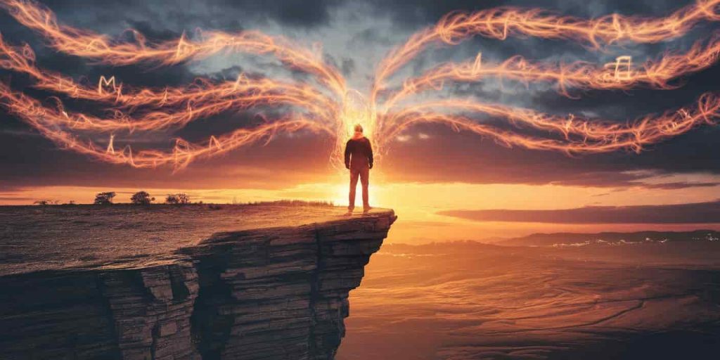 Silhouette of a person on a cliff edge at sunrise, surrounded by a fiery aura, with swirling fire patterns in the sky forming messages and symbols, and a transforming landscape below.