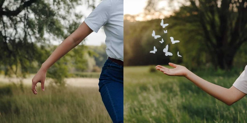 Split-screen image showing a person confidently stepping forward and releasing paper butterflies from their right hand, representing the messages and lessons associated with an itchy right arm.