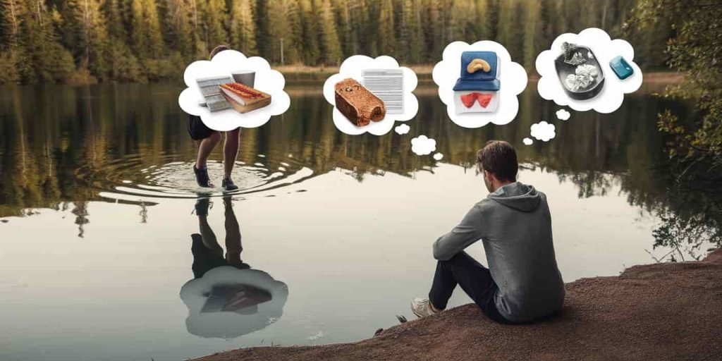 Person by lake with restless legs reflected in water, surrounded by thought bubbles containing images of spiritual lessons and messages.
