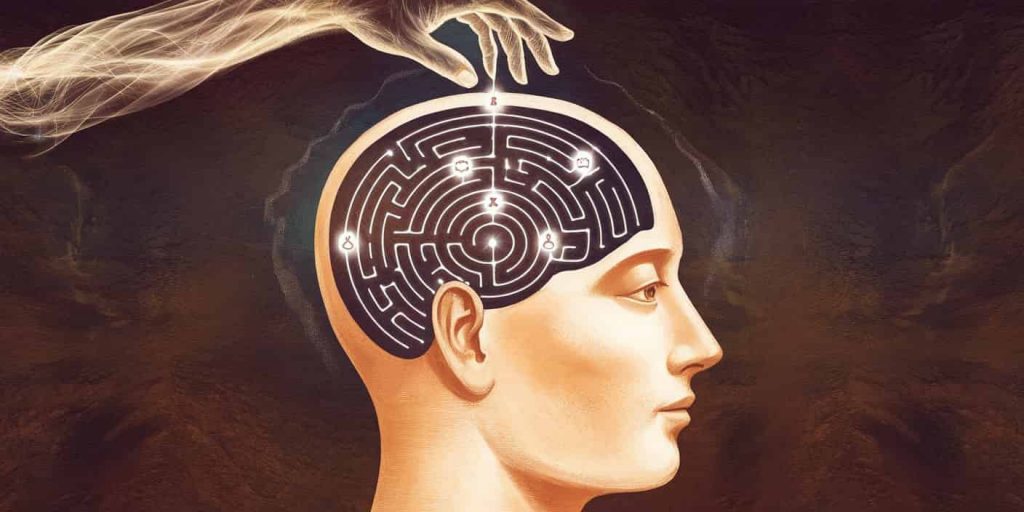 Illustration of a head with a labyrinth inside, featuring symbols of intuition and spiritual growth, and an ethereal hand representing divine guidance in the name-calling experience.