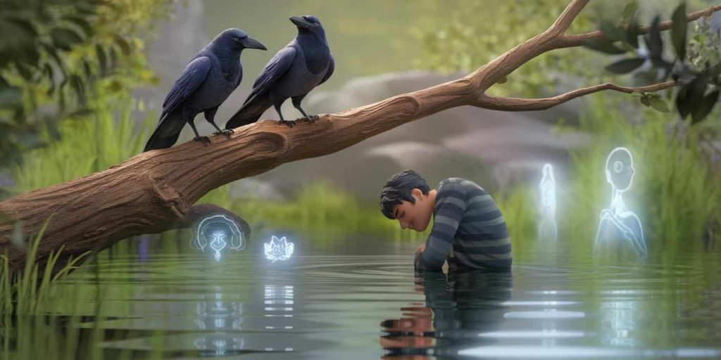 Two crows observing a person in reflection by a pond, with ghostly images in the water representing spiritual lessons of intuition, change, and balance.