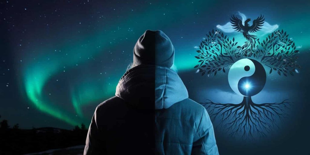 Split-screen image of a person observing northern lights, juxtaposing their physical view with an inner vision filled with symbolic imagery representing spiritual lessons and messages from the aurora.