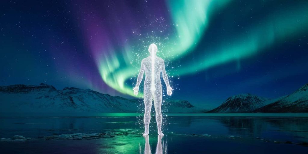 Person standing beneath northern lights, their body transforming into light particles merging with the aurora, symbolizing spiritual awakening and personal growth inspired by the celestial display.