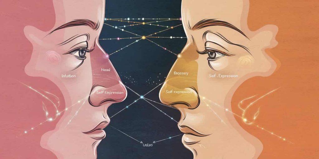 Illustrated face profile with nose divided into colored sections, representing different spiritual meanings and energy connections, visualizing the concept of nose as a spiritual antenna.