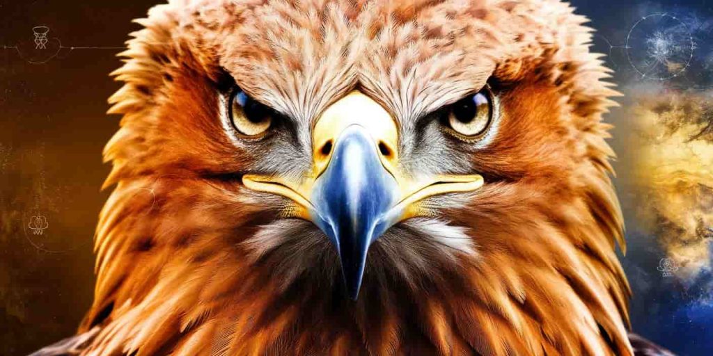 Close-up of a golden eagle's face with piercing eyes, set against a background transitioning from earth to sky colors, representing its role as a bridge between physical and spiritual realms. Symbols of strength and wisdom are subtly woven into the feathers.