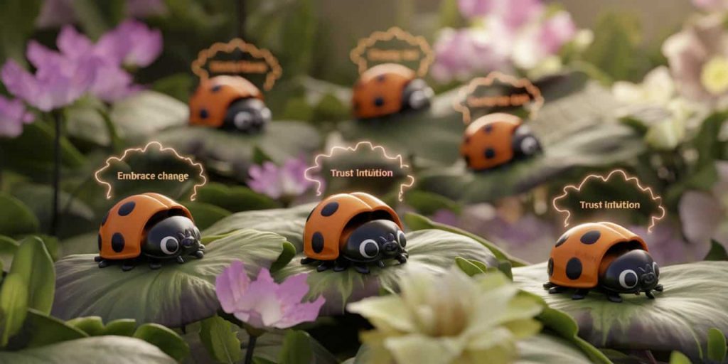 Multiple orange ladybugs in a natural setting, each surrounded by a glow representing different spiritual messages and life lessons.