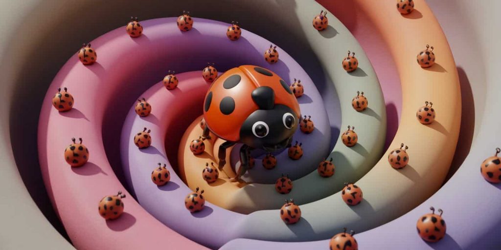 Orange ladybug on a spiraling path from muted to vibrant colors, symbolizing a journey of personal transformation and growth.