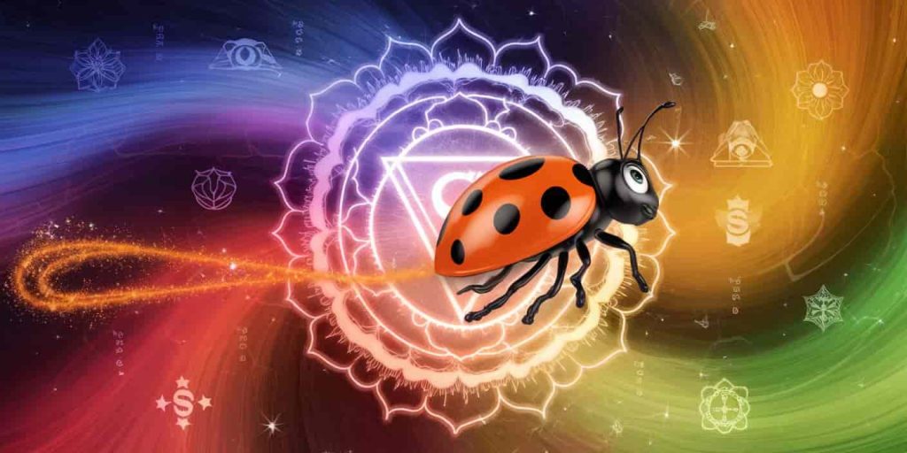 An orange ladybug in flight surrounded by swirling energy, representing spiritual symbolism, creativity, and transformation.