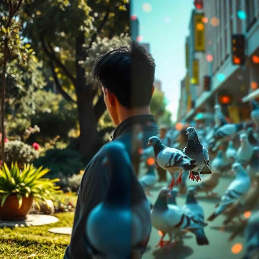 Split-screen image contrasting a person observing pigeons in a peaceful garden and in a busy urban setting, illustrating how pigeon encounters can provide spiritual messages in various life contexts.