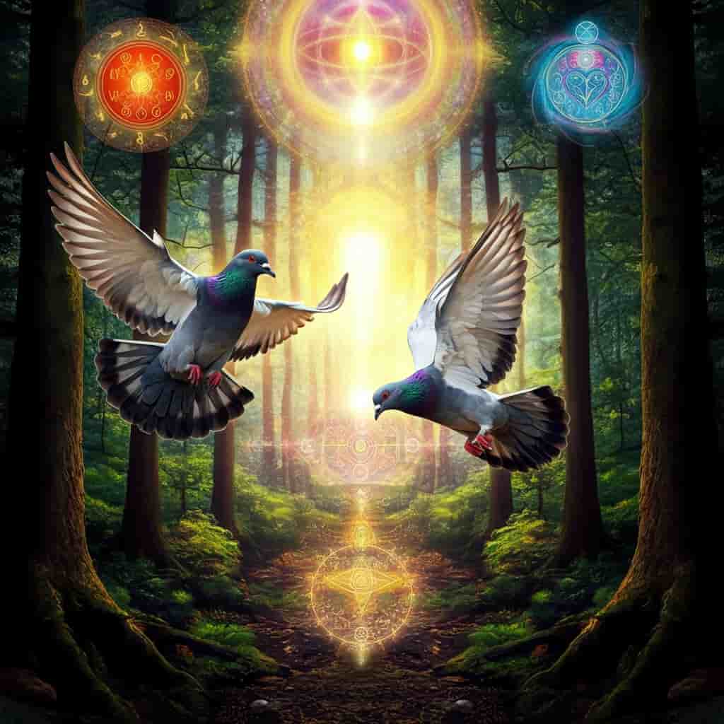 Two pigeons flying through a mystical forest, surrounded by swirling energies and symbols representing love, peace, and spiritual balance, illustrating various spiritual meanings associated with pigeons.