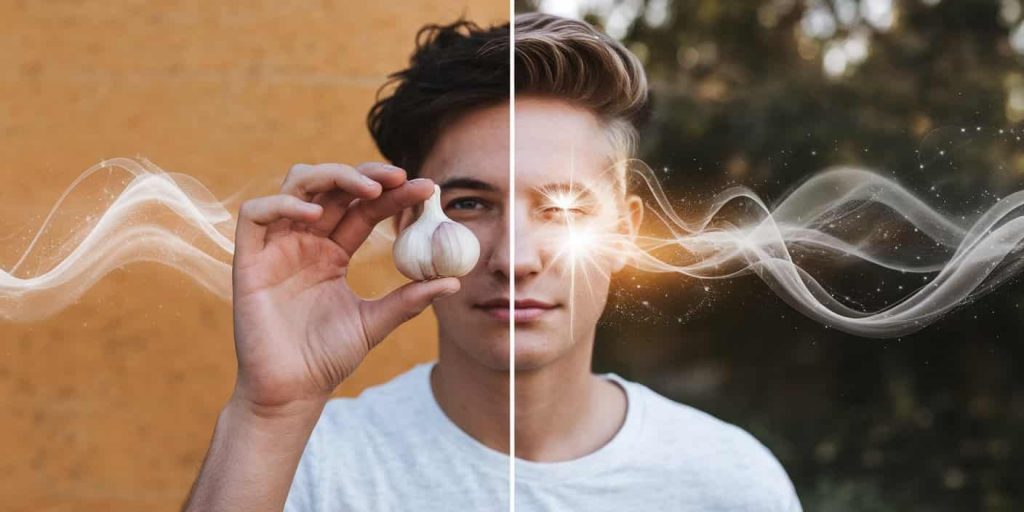 Split image of a person holding raw garlic transforming into a radiant figure, connected by ethereal wisps, illustrating spiritual growth and lessons from garlic.