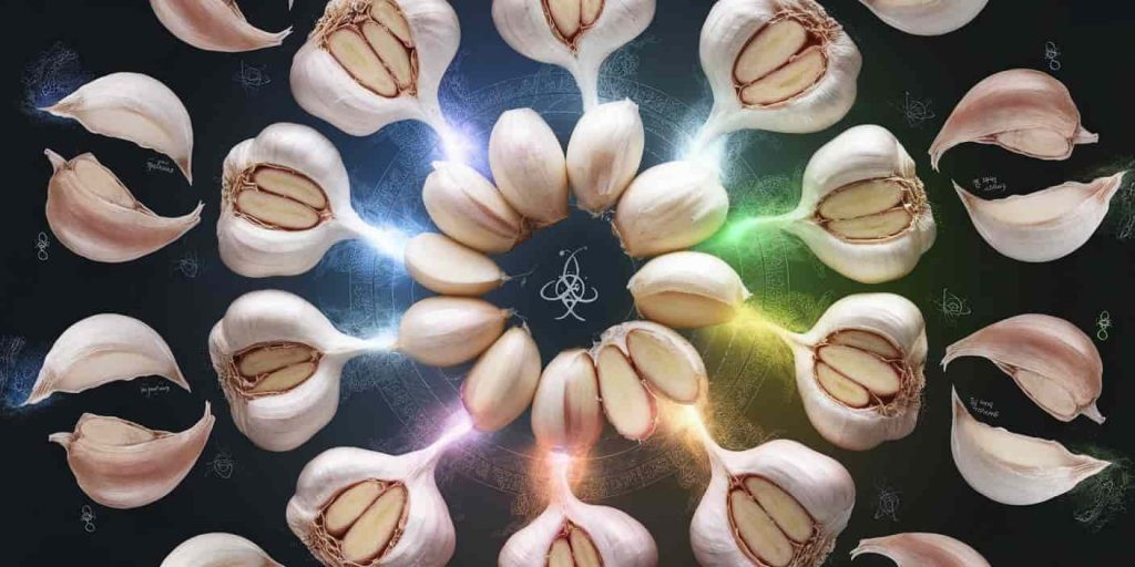 Raw garlic cloves arranged in a circle, each emitting colorful auras representing different spiritual meanings, with symbols of protection and purification interwoven.