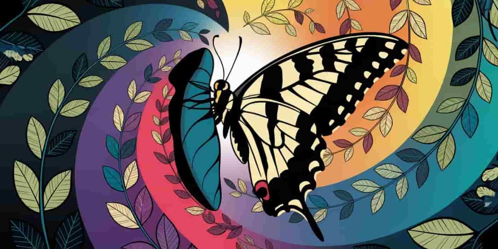 A black and yellow butterfly emerging from its chrysalis against a background transitioning from dark to light, surrounded by spiraling patterns of growing plants symbolizing renewal and rebirth.