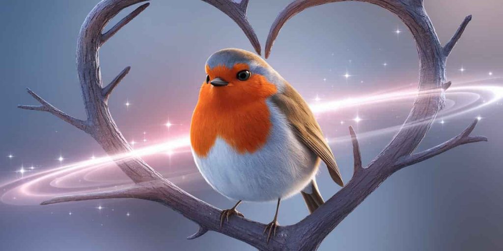 A close-up of a robin with a vibrant red breast, perched on a heart-shaped branch, emitting a soft, healing glow to represent its role as a guardian of the heart and emotional healing.