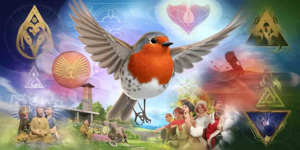 A collage featuring a flying robin, heart symbol, spring landscape, and cultural symbols, illustrating the diverse spiritual meanings associated with robins.
